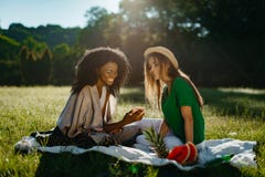 Comida campestre feliz de dos amigas de la multi-raza que se sientan en la tela escocesa en el prado La muchacha africana joven a Foto de archivo libre de regalías Comida campestre feliz de dos amigas de la multi-raza que se sientan en la tela escocesa en el prado La muchacha africana joven a Foto de archivo libre de regalías