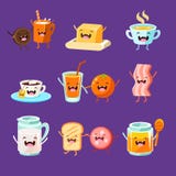 Comida de desayuno de la diversión con las caras lindas, felices ilustración del vector Comida de desayuno de la diversión con las caras lindas, felices ilustración del vector