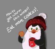 Como obter morno este inverno, coma mais cookies, ilustração do vetor do pinguim ilustração do vetor Como obter morno este inverno, coma mais cookies, ilustração do vetor do pinguim ilustração do vetor