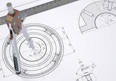 Compass And Ruler On The Drawing Stock Photos