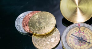 Extreme close up of Golden Bitcoin Coin Bitcoin cryptocurrency. Business concept. stock photography Extreme close up of Golden Bitcoin Coin Bitcoin cryptocurrency. Business concept. stock photography