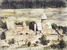 Complexe de forteresse d'Ananuri sur la rivière d'Aragvi en Géorgie Digitals illustration stock Complexe de forteresse d'Ananuri sur la rivière d'Aragvi en Géorgie Digitals illustration stock