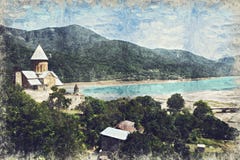 Complexe de forteresse d'Ananuri sur la rivière d'Aragvi en Géorgie Digitals illustration stock Complexe de forteresse d'Ananuri sur la rivière d'Aragvi en Géorgie Digitals illustration stock
