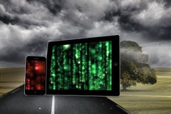 Composite image of matrix on tablet and smartphone screens stock illustration Composite image of matrix on tablet and smartphone screens stock illustration