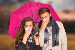 Composite Image Of Couple Blowing Nose While Holding Umbrella Stock Photos Composite Image Of Couple Blowing Nose While Holding Umbrella Stock Photos