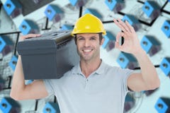 Composite image of worker carrying tool box on shoulder while gesturing ok sign Royalty Free Stock Photography Composite image of worker carrying tool box on shoulder while gesturing ok sign Royalty Free Stock Photography
