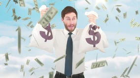 Composite video of businessman holding money bags