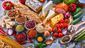 Composition with assorted organic food products on the table stock photography Composition with assorted organic food products on the table stock photography