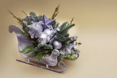 Composition of the Christmas decorations Sleigh with Fir Branche and Silver Baubbles or Globes royalty free stock images Composition of the Christmas decorations Sleigh with Fir Branche and Silver Baubbles or Globes royalty free stock images