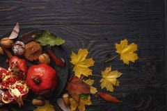 Composition d'automne Grenade avec des écrous, des épices et des feuilles sèches sur une table en bois foncée Vue supérieure Copi photos libres de droits Composition d'automne Grenade avec des écrous, des épices et des feuilles sèches sur une table en bois foncée Vue supérieure Copi photos libres de droits