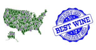 Composition of Grape Wine Map of USA and Alaska and Best Wine Stamp royalty free illustration Composition of Grape Wine Map of USA and Alaska and Best Wine Stamp royalty free illustration
