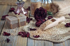 Composition Of Spa Treatment. Natural Handmade Soap And Sea Salt Royalty Free Stock Image