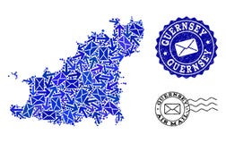 Composizione di traffico di posta della mappa di mosaico dell'isola di Guernsey e dei bolli graffiati illustrazione di stock Composizione di traffico di posta della mappa di mosaico dell'isola di Guernsey e dei bolli graffiati illustrazione di stock