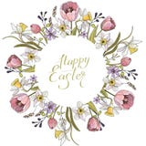 Composição da mola com círculo e elementos românticos florais Tulips e daffodils no fundo branco ilustração do vetor Composição da mola com círculo e elementos românticos florais Tulips e daffodils no fundo branco ilustração do vetor