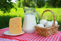 Composição do café da manhã de um jarro de leite, uma cesta dos ovos e uma parte de queijo em uma placa em uma toalha de mesa qua foto de stock Composição do café da manhã de um jarro de leite, uma cesta dos ovos e uma parte de queijo em uma placa em uma toalha de mesa qua foto de stock