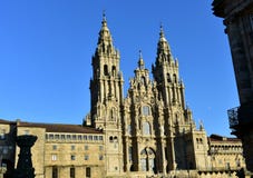 compostela de Santiago Espagne Cathédrale avec la lumière de coucher du soleil et la pierre propre Vue de côté, place d'Obradoiro images stock compostela de Santiago Espagne Cathédrale avec la lumière de coucher du soleil et la pierre propre Vue de côté, place d'Obradoiro images stock