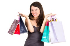 Compra de sorriso da mulher da morena nova bonita fotografia de stock royalty free Compra de sorriso da mulher da morena nova bonita fotografia de stock royalty free
