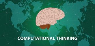 Computational thinking concept with human head brain on top of world map with cyberspace world map background - vector royalty free illustration Computational thinking concept with human head brain on top of world map with cyberspace world map background - vector royalty free illustration