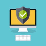 Computer display with protection shield. Trendy flat icon. Protection concept of digital and technological. Flat design modern stock illustration Computer display with protection shield. Trendy flat icon. Protection concept of digital and technological. Flat design modern stock illustration