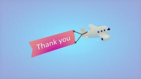 Airplane on blue background with text on flag, Thank you.