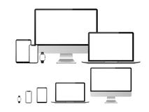 Computer, laptop, tablet, smartphone and smart watch device with blank white screen. Devices mockup for presentation stock illustration Computer, laptop, tablet, smartphone and smart watch device with blank white screen. Devices mockup for presentation stock illustration