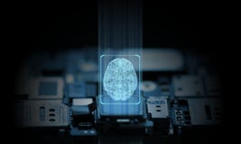 Computer and mobile phone system is operated by artificial intelligence hardware chip set. Glowing brain icon stock image Computer and mobile phone system is operated by artificial intelligence hardware chip set. Glowing brain icon stock image