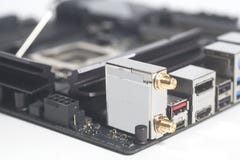 Computer motherboard Intel LGA 1151 cpu socket and other details stock photography Computer motherboard Intel LGA 1151 cpu socket and other details stock photography