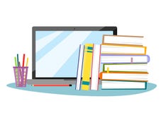 Computer portatile con le matite, una pila di libri e una decorazione delle foglie di autunno nello stile del piano Illustrazione illustrazione vettoriale Computer portatile con le matite, una pila di libri e una decorazione delle foglie di autunno nello stile del piano Illustrazione illustrazione vettoriale