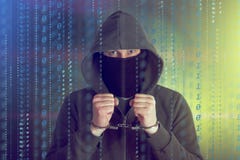 Computer privacy attack. Hackers programmer look on screen and forcibly writes the program code hack information stock image Computer privacy attack. Hackers programmer look on screen and forcibly writes the program code hack information stock image