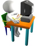 Computer user uses 3D cartoon PC side view stock illustration Computer user uses 3D cartoon PC side view stock illustration
