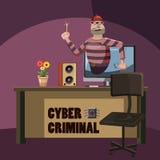 Conceito criminoso do espião do ataque do Cyber, estilo dos desenhos animados ilustração royalty free Conceito criminoso do espião do ataque do Cyber, estilo dos desenhos animados ilustração royalty free