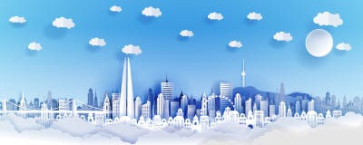 Conceito da cidade de Seoul, Coreia Cidade de papel da arte na parte traseira com construções, torres, ponte, nuvens ilustração royalty free Conceito da cidade de Seoul, Coreia Cidade de papel da arte na parte traseira com construções, torres, ponte, nuvens ilustração royalty free