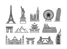 Conceito da ilustração do vetor de construções turísticas famosas Preto no fundo branco ilustração stock Conceito da ilustração do vetor de construções turísticas famosas Preto no fundo branco ilustração stock