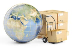 Conceito global do transporte e da entrega, caixas de cartão dos pacotes ilustração royalty free Conceito global do transporte e da entrega, caixas de cartão dos pacotes ilustração royalty free