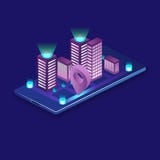 Conceito isométrico do vetor da cidade esperta ou da construção inteligente Automatização da construção com ilustração dos trabal ilustração stock Conceito isométrico do vetor da cidade esperta ou da construção inteligente Automatização da construção com ilustração dos trabal ilustração stock