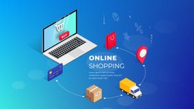 Conceito isométrico em linha de compra da ilustração do portátil ilustração stock Conceito isométrico em linha de compra da ilustração do portátil ilustração stock