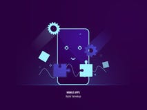 Conceito móvel dos apps, enigma da conexão, software transferindo arquivos pela rede do smartphone, telefone celular feliz, ajust ilustração royalty free Conceito móvel dos apps, enigma da conexão, software transferindo arquivos pela rede do smartphone, telefone celular feliz, ajust ilustração royalty free