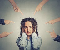 Concept accusation guilty woman many fingers pointing at her stock image Concept accusation guilty woman many fingers pointing at her stock image
