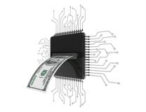 Concept d'argent de Digital Billet d'un dollar au-dessus des puces avec le circuit illustration stock Concept d'argent de Digital Billet d'un dollar au-dessus des puces avec le circuit illustration stock