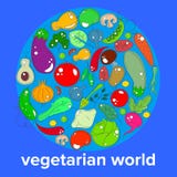 The concept of the day vegetarian - a range of vegetables and fruits on the background of the world globe royalty free illustration The concept of the day vegetarian - a range of vegetables and fruits on the background of the world globe royalty free illustration