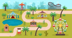 Concept de carte de parc d'attractions Carrousels d'amusement, cirque, roue de ferris, loyalement en parc de famille, illustratio illustration stock Concept de carte de parc d'attractions Carrousels d'amusement, cirque, roue de ferris, loyalement en parc de famille, illustratio illustration stock