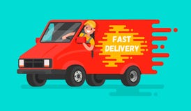 Concept de la livraison rapide des marchandises Le conducteur du camion dans a Image libre de droits Concept de la livraison rapide des marchandises Le conducteur du camion dans a Image libre de droits