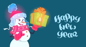 Concept de vacances d'hiver de boîte-cadeau de prise de fille de bonhomme de neige d'affiche de bonne année illustration stock Concept de vacances d'hiver de boîte-cadeau de prise de fille de bonhomme de neige d'affiche de bonne année illustration stock