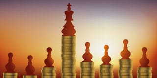 Concept des jeux d'échecs, comparant la puissance et la fortune du roi en ce qui concerne les gages illustration stock Concept des jeux d'échecs, comparant la puissance et la fortune du roi en ce qui concerne les gages illustration stock
