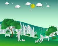 Concept of eco with nature and building,couple love dogs happy vector illustration Concept of eco with nature and building,couple love dogs happy vector illustration