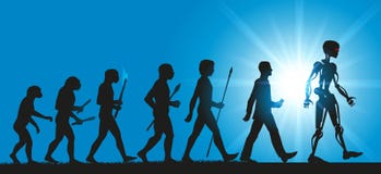 Concept of the evolution of humanity towards robots and artificial intelligence stock illustration Concept of the evolution of humanity towards robots and artificial intelligence stock illustration