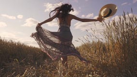 Concept of happiness and enjoyment on a warm summer day. A young girl runs across the field with a tall grass and turns stock footage Concept of happiness and enjoyment on a warm summer day. A young girl runs across the field with a tall grass and turns stock footage