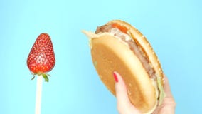 Concept of healthy and unhealthy food. Strawberries against hamburgers on a bright blue background. female hands with stock video Concept of healthy and unhealthy food. Strawberries against hamburgers on a bright blue background. female hands with stock video