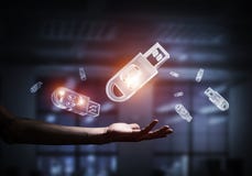 Concept of information storage and security with flash stick ico stock photos Concept of information storage and security with flash stick ico stock photos