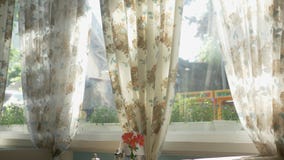 Concept of interior windows. large windows full-length decorated with floral print curtains stock illustration Concept of interior windows. large windows full-length decorated with floral print curtains stock illustration